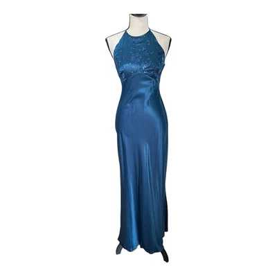 Vintage Zum Zum Teal Blue Satin Halter Gown Beaded Bodice Open Back (S)  - Image 1 of 4