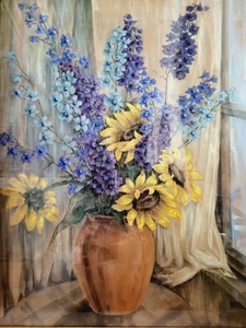 Tolles THEA GREINER Pastellgemälde Blumenstillleben 1946 - Signiert und Datiert - Bild 1 von 6