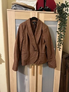 Wool Blazer Jacket Size 10-12 Brown Tweed Herringbone Vintage Style - Picture 1 of 9