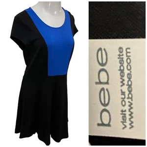 BeBe Dress Womens Large A Line Blue Black Colorblock Fit & Flare Knit Office - Picture 1 of 15