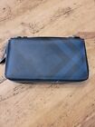 BURBERRY Navy Blue Check Coated Canvas &amp; Leather Double Zip Unisex TravelWallet