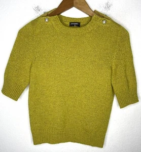 $2K Chanel XS 0/2 Mustard Green Yellow Pearl Tweed Sweater Knit Marled Chunky - Picture 1 of 6