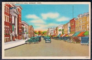 MAIN STREET DAL MUNICIPIO DANBURY CONNECTICUT CT CONN CARTOLINA NEGOZI AUTO - Foto 1 di 2