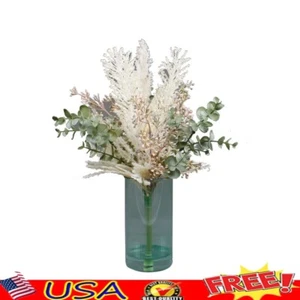 Artificial Floral Arrangement Green Ribbed Glass Vase Tabletop Decor 15 Inch New - Picture 1 of 9