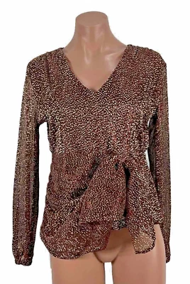 Top acanalado metálico Nicole Miller New York manga larga nailon dorado lazo borgoña Foto 1 de 4