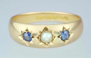 Fabulous Antique Victorian 15K Gold Sapphire Pearl Starburst Gypsy Ring 1887 S 7 - Picture 1 of 19