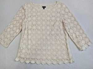Talbots Womens Crochet Lace Top Size 14 Ivory 3/4 Sleeve 100% Cotton Blouse - Picture 1 of 4