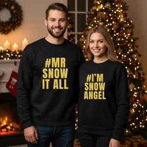 Mr Snow It All & I'm Snow Angel Christmas Sweatshirt Xmas Holiday Couples Jumper - Picture 1 of 13