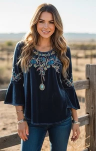 Solitaire Anthropologie S oversized türkis Samt bestickt Glockenärmel Tunika - Bild 1 von 8