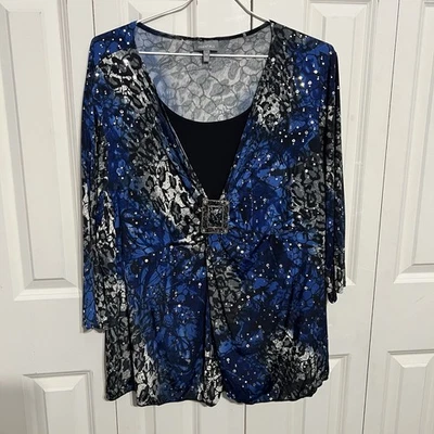 Essentials Women’s Top, 3X, Blue, Black & Gray.  Sequins.  Buckle - Image 1 of 4
