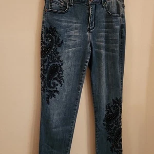 Earl Damen Blue Jeans Mid-Rise Skinny Ankle Embossed Strass Gr. 10 - Bild 1 von 6