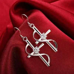 Cross Drop Dangle Earring 14K White Gold Plated 0.80Ct Round Lab Created Diamond - Picture 1 of 5