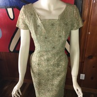 SAGE GREEN Vtg 50s Bombshell LACE Bead Sequins Cocktail Party Wiggle Dress XS/S