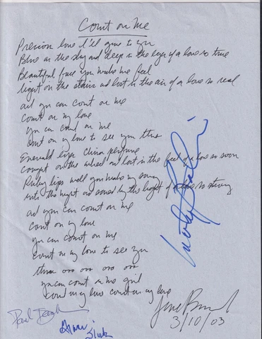Jefferson Airplane Count On Me Handwritten signed lyrics Grace Slick Balin proof Cover