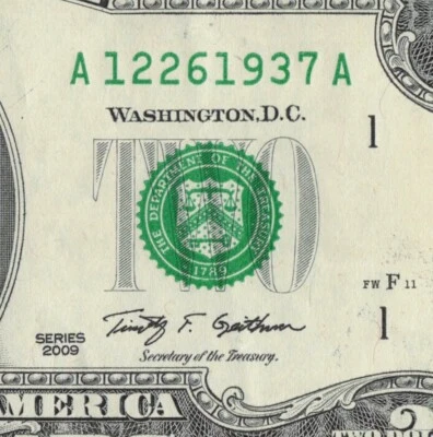 Dec 26 1937 Birth/Anni/Grad 2009 2$ Fancy Serial Number A12261937A Boston A Run - Image 1 of 4