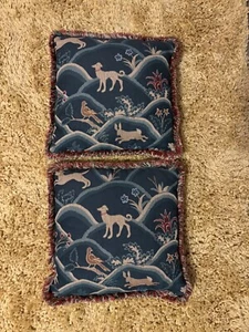 Cuscino Arazzo Vintage William Morris Disegno Cane Coniglio Uccellini Frangia a Quadri - Foto 1 di 2