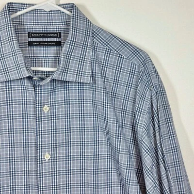 Saks Fifth Avenue Slim Fit Plaid Dress Shirt Long Sleeve Blue Sz 18 1/2 36,37 - Image 1 of 4