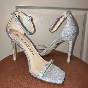 STUART WEITZMAN Heels SANDALS Glitter CRYSTALS Silver - Sz 9 B Spain NEW! - Picture 1 of 17