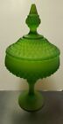Vintage Indiana Green Satin Glass Pedestal Candy Dish, Diamond Design