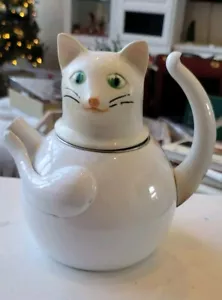 Vintage 80er Copco Katze TEEKESSEL weiß Emaille Stahl Teekanne Kätzchen figürlich - Bild 1 von 10