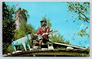 Postcard Paul Bunyan At Castle Rock St Ignace, Michigan Babe The Blue Ox US Flag - Picture 1 of 2