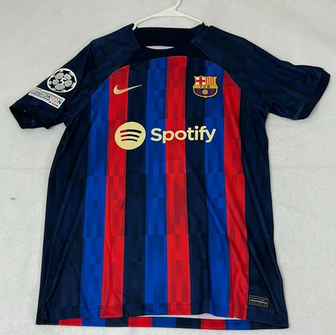 Nike Dri Fit Blue Striped FC Barcelona Robert Lewandowski 9 Soccer Jersey Mens L Cover