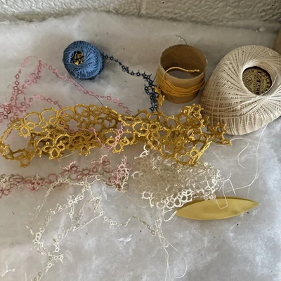 Antique Lot of Handmade Crochet Tatted Lace STILL ATTACHED TO SPOOL & TOOL - Image 1 of 4
