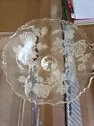 VINTAGE ETCHED FLOWER FLORAL CANDY DISH FOOTED CLEAR GLASS