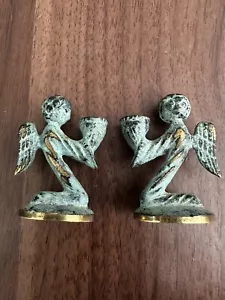 Walter Bosse Inspired Pair Mini Brass Angels Candle Holders Verdigris Christmas - Picture 1 of 8