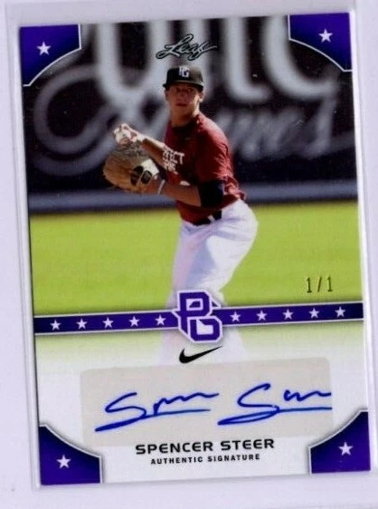 2015 Leaf Perfect Game PURPLE AUTO Spencer Steer REAL #1/1 CN Reds Oregon Ducks - Image 1 of 1