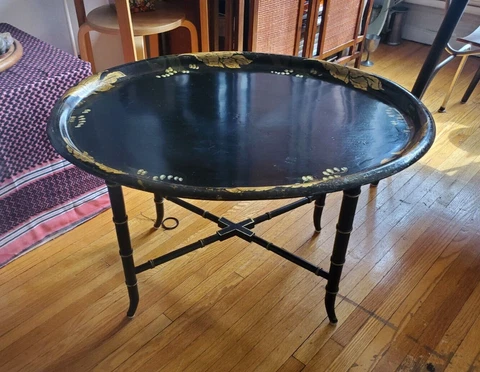 Antique 19C Victorian Papier Mache Tray Table Regency Revival Carved Wood Base Cover