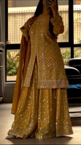 Ready Made Yellow Faux Georgette Palazzo Suit With Dupatta For Wedding - Picture 1 of 12