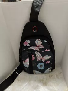 Sling Crossbody Backpack Flowers Butterfly Sport Spot Black Strap New - Picture 1 of 7