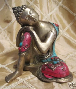 ANTIQUE GOLD RESTING BUDDHA GAUTAMA SIDDHARTHA BUDHA SCULPTURE STONE LAID STATUE - Picture 1 of 9