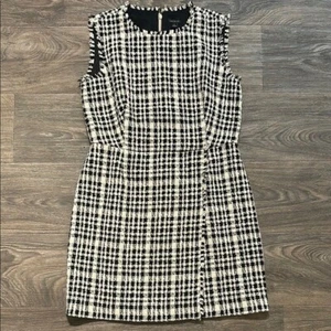 Ann Taylor Dress Size 10 Fringe Tweed Flare Above Knee Black White Retro Chic - Picture 1 of 13