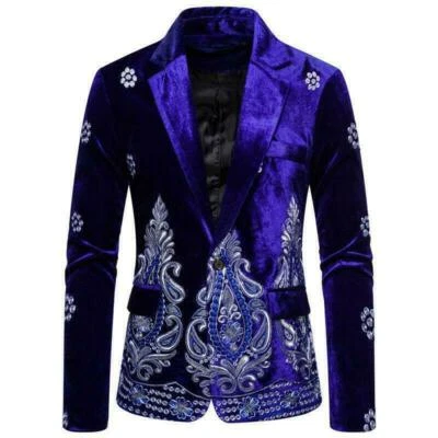 Men‘s Velvet Embroidery Floral Dress Suit Blazers Stage One Button Jackets Coats - Image 1 of 4