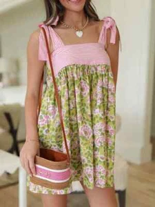 Women's Printed Square Neck Tie Shoulder Mini Dress - 3 Colors - S-XL - Picture 1 of 28