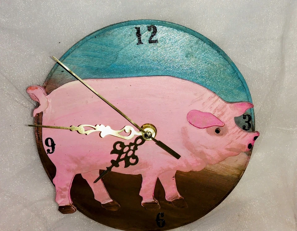 6" artisan "Pig in the Mud" Clock Wood handcrafted and hand painted - Image 1 of 1