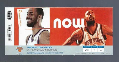 ANTHONY DAVIS DEBUT GAME AT MSG - 2013 HORNETS @ KNICKS FULL BASKETBALL TICKET Cover