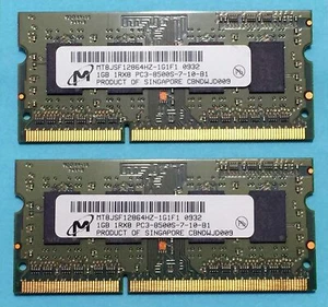 Micron 2Gb Notebook RAM Kit SODIMM (2 x 1Gb) DDR3 1Rx8 PC3-8500S-7-10-1 CL7 1066 - Picture 1 of 6