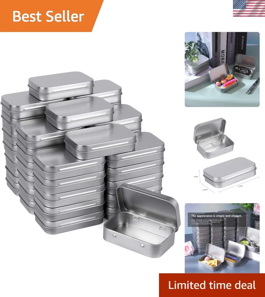 Tamicy Metal Rectangular Empty Hinged Tins - Pack of 40 Silver Mini Portable