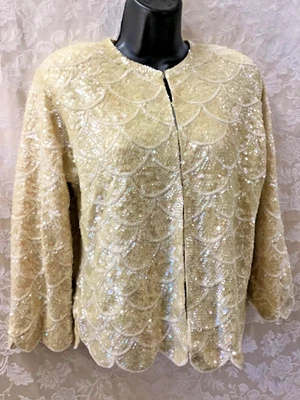 Cárdigan Suéter Forrado con Lentejuelas Talla 40 Vintage Años 50 60 Lana Lentejuelas Completamente Concha Foto 1 de 4