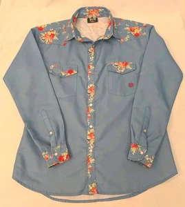 Herren B FRESH GEAR hellblau Blumen Akzent Langarm Perlen Druckknopf Hemd S Western - Bild 1 von 7