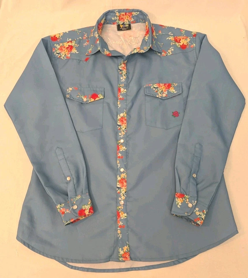 Hombres B FRESH GEAR Azul Claro Acento Floral Manga Larga Perla Camisa a Presión S Western Foto 1 de 4