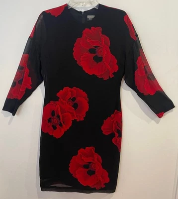 VTG Linda Allard Ellen Tracy Womens 6 LS Silk Crep Floral Sheath Dress Black Red - Image 1 of 4