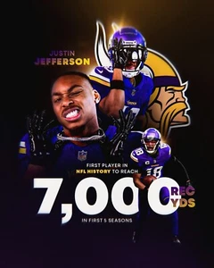 Foto de fútbol americano de la NFL Justin Jefferson 7000 yardas de recepción de los Minnesota Vikings 8x10 - Imagen 1 de 1
