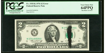 Black Ink Smear on Face Error | 1976 $2 FRN Federal Reserve Note | PCGS 64PPQ - Image 1 of 2