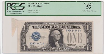 1928 A Silver Certificate $1 Pre-Face Print Foldover Error SUPER RARE PCGS AU53 - Image 1 of 2