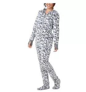 Pigiama donna pezzo unico adulto footie pigiama felpa con cappuccio zip leopardata davanti taglia M - Foto 1 di 12