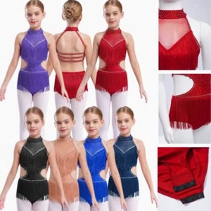 Kid Girls Latin Dance Dress Sparkly Tassel Skirt Leotard Shiny Backless Bodysuit - Picture 1 of 57